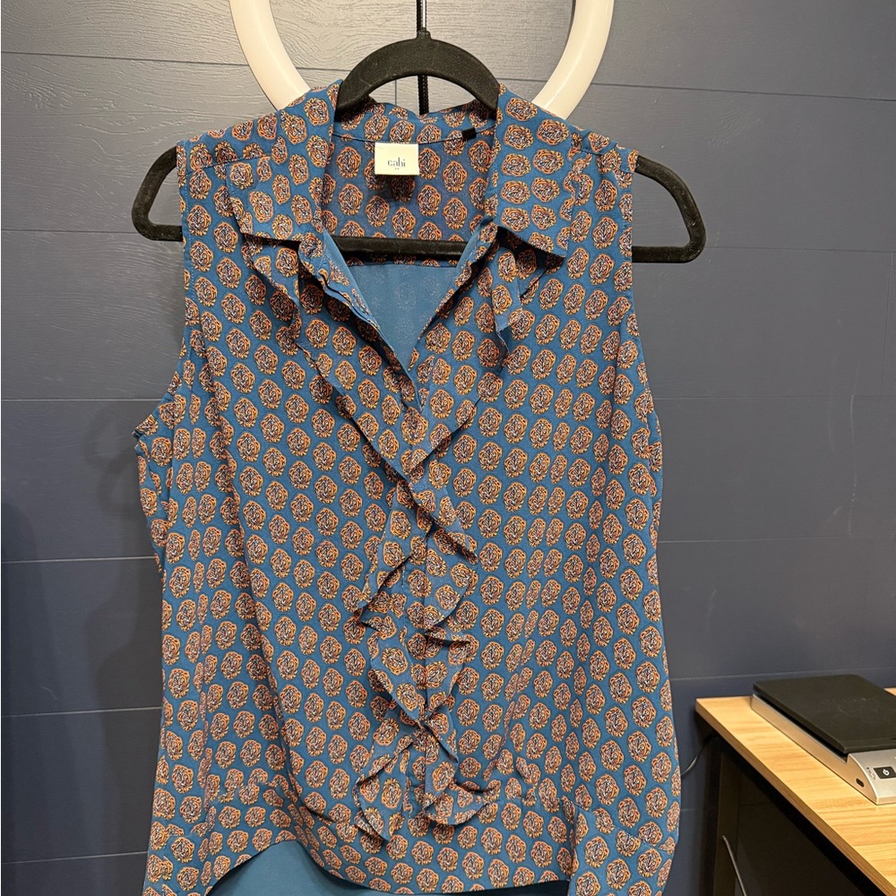 CAbi Orange and Blue Ruffled Sleeveless Blouse